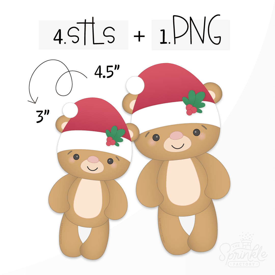 Clipart of a tall brown teddy bear wearing a red santa hat with white pompom and green holly on the white brim.