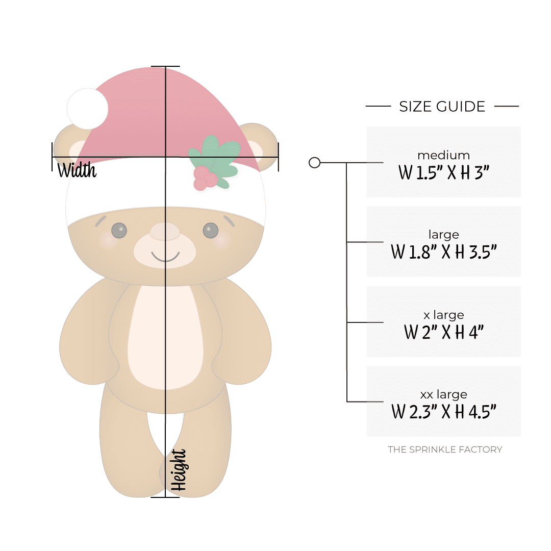 Clipart of a tall brown teddy bear wearing a red santa hat with white pompom and green holly on the white brim with size guide.