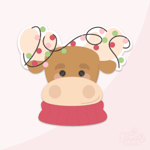 Clipart of a brown moose with christmas wrapped around his antlers with a red neck of a sweater.