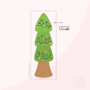 Clipart of a tall green christmas tree with brown wood base, dark green swirls of lights with round bulbs in red, blue and yellow.