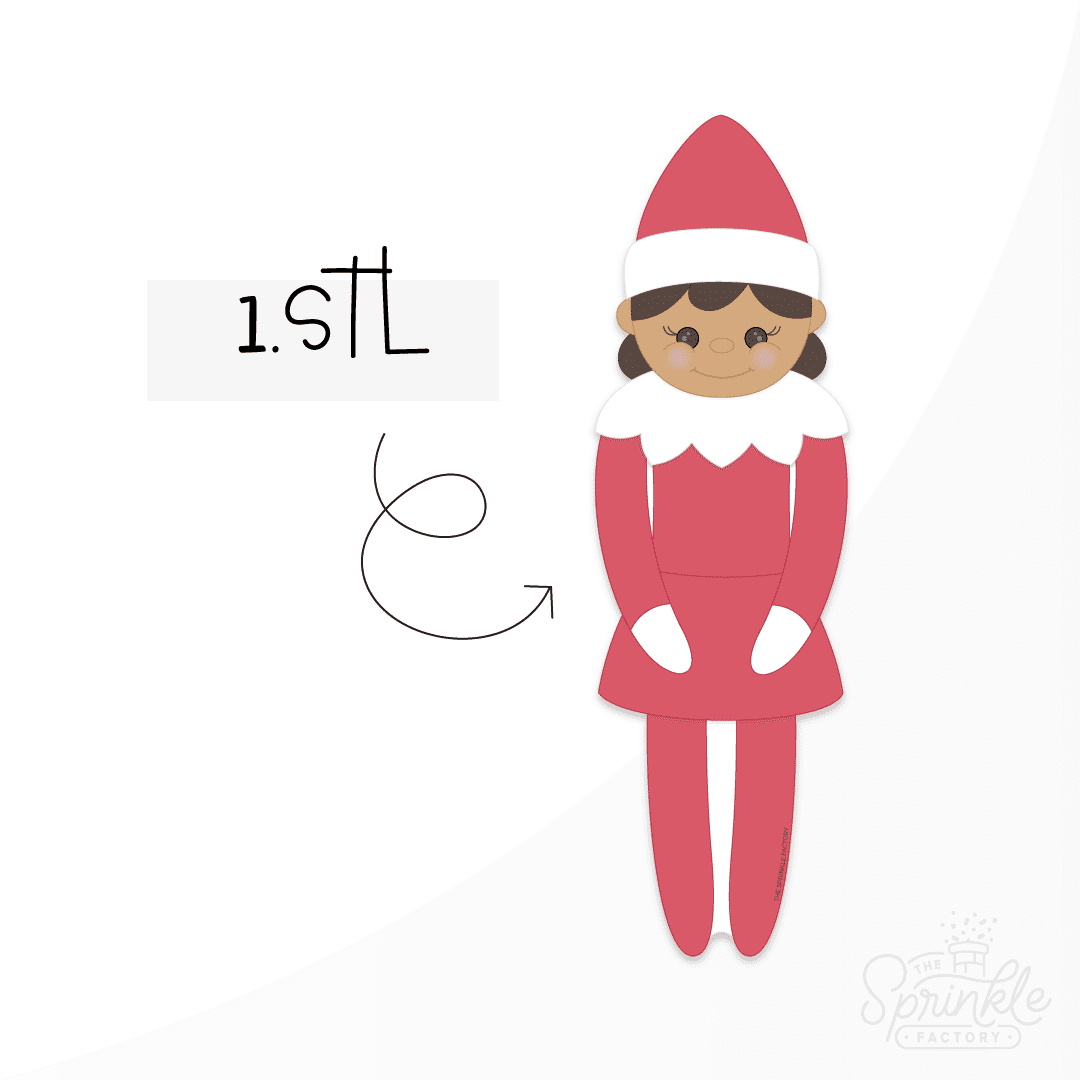 Clipart of a tall elf wearing red with a red hat and skirt and white collar ruffle.
