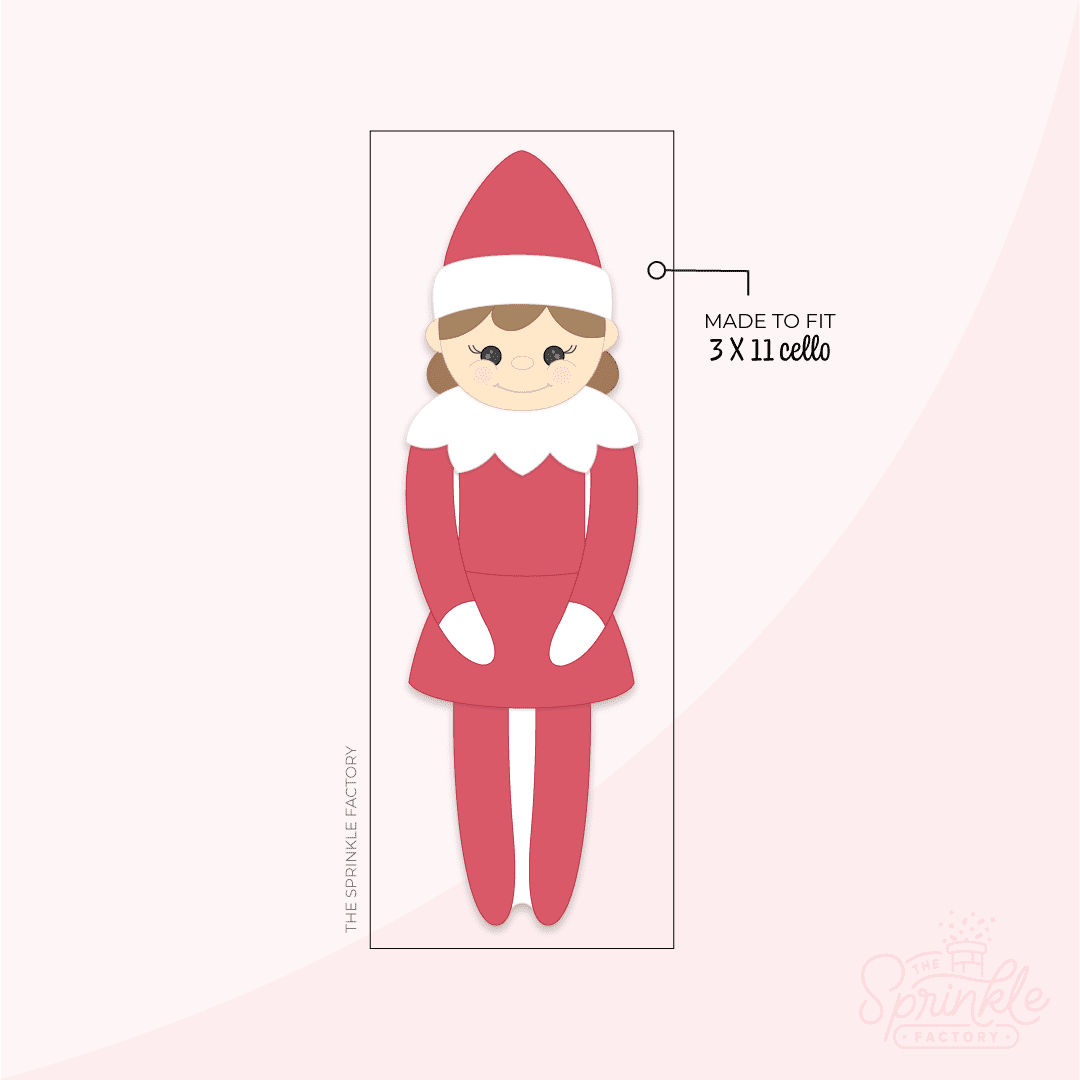 Clipart of a tall elf wearing red with a red hat and skirt and white collar ruffle.