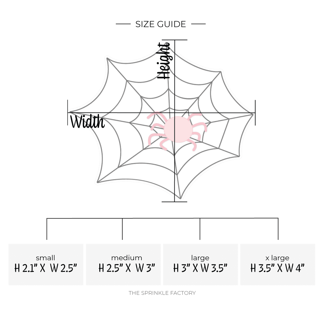 Clipart of a spider web with black lines and a pink spider in the middle with size guide below.
