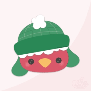 Clipart of a red bird face with orange beak wearing a green hat with plaid print white trim and white pom pom.