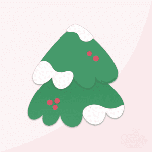 Clipart of a green pine tree with patches of white snow and small red berries.