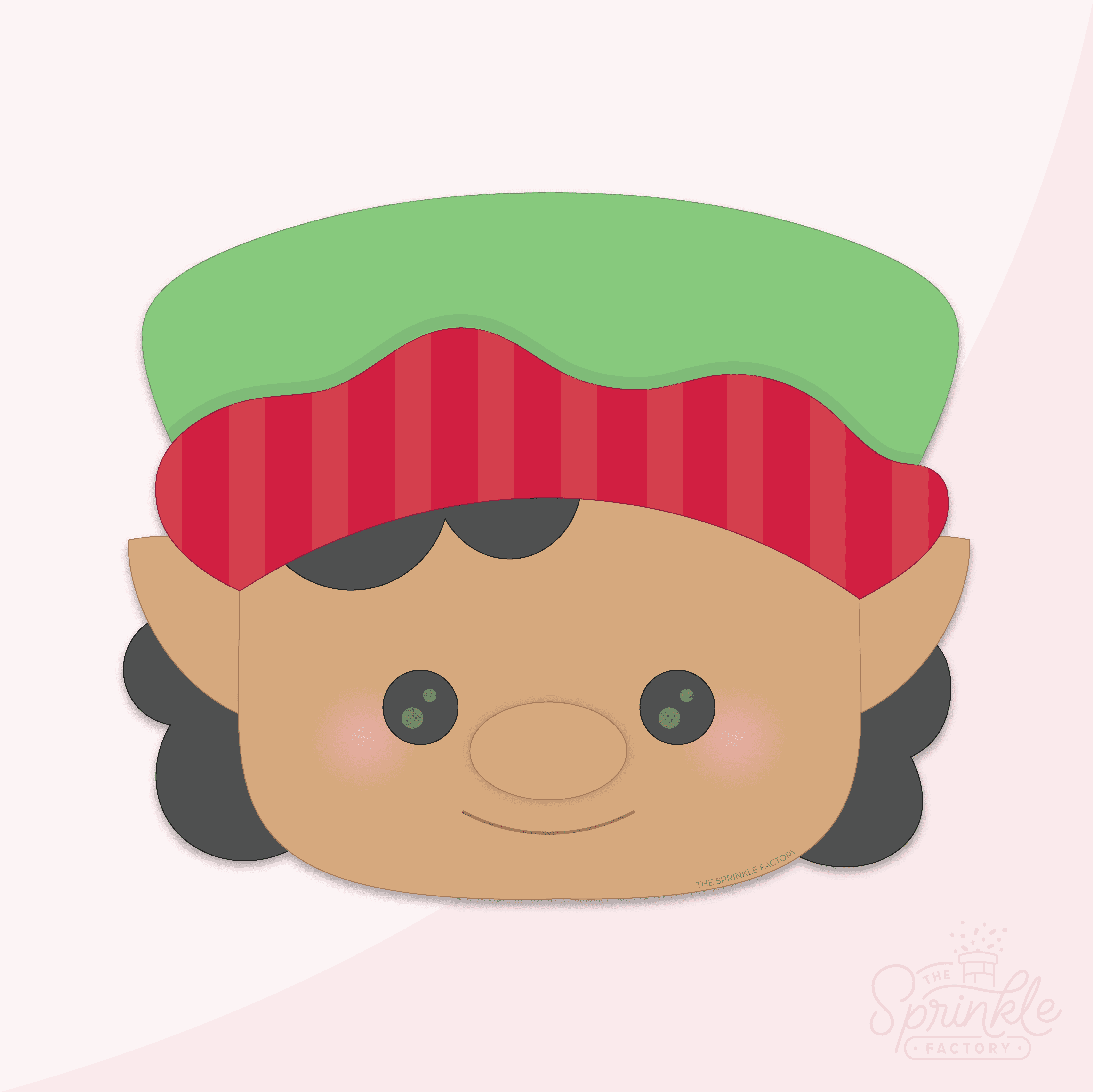 Clipart of a darker skin boy with black hair wearing a green hat with red stripped brim and pointed elf ears.