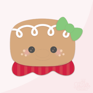 Clipart of a brown gingerbread head with green bow, white icing, black eyes and a red collar with stripes.