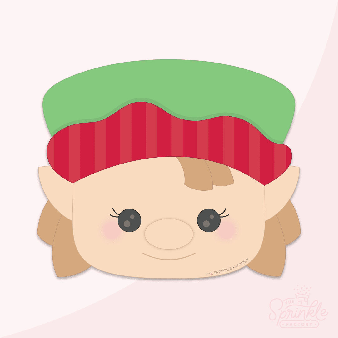Clipart of girl elf head with pointed ears and light brown hair wearing a green hat with a red brim and size guide below.