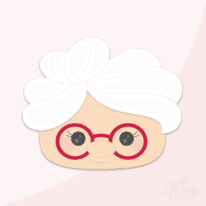 Clipart of Mrs Claus head with white hair and red glasses.