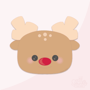 Clipart of a brown reindeer head with cream antlers, cream spots, black eyes and a red nose.