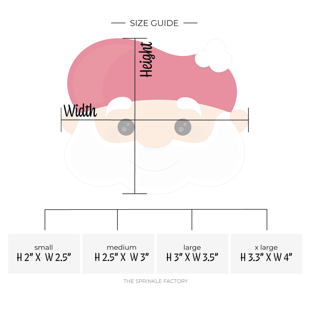 Clipart of a Santa face with a red hat and white beard and size guide below.