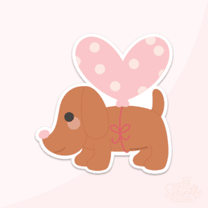 Clipart of a brown dachshund puppy dog with a pink heart balloon tied to his belly with red string.