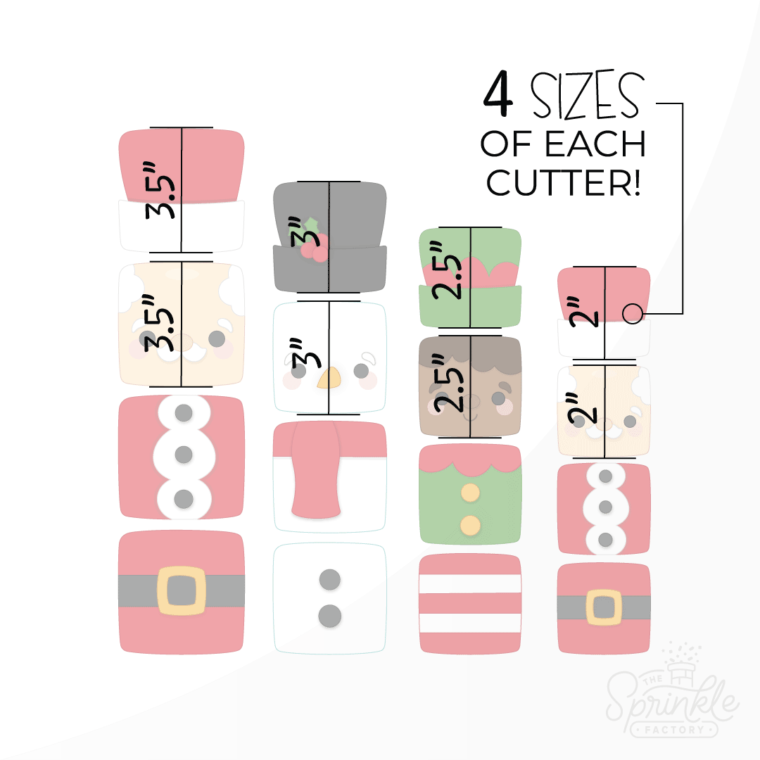 Clipart of 4 piece block sets that make up santa, a snowman and an elf. 3 shapes are blocks and the last in each set is a hat with size guide.