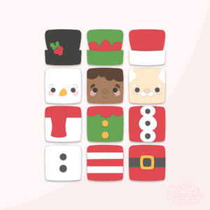 Clipart of 4 piece block sets that make up santa, a snowman and an elf. 3 shapes are blocks and the last in each set is a hat.