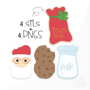 Clipart of a red santa bag, santa face, cookies and a glass milk bottle.