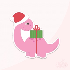 Clipart of a pink longneck dinosaur with a green gift tied to his back with red string and a red santa hat on his head.