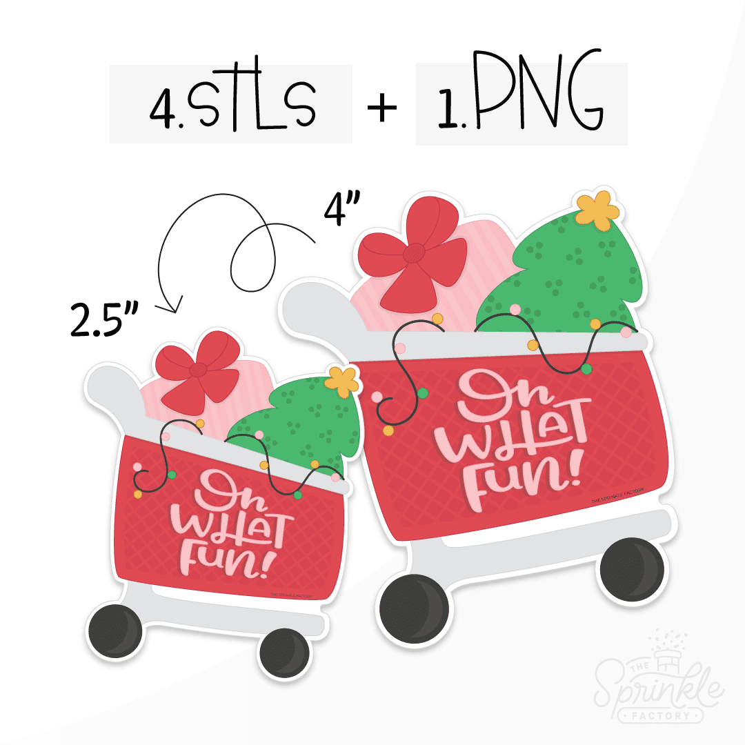 Clipart of a red shopping cart with a grey frame and black wheels with a prink present and green christmas tree in it with the words Oh What Fun in pink on the side of the cart.