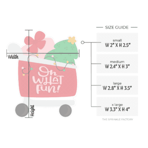 Clipart of a red shopping cart with a grey frame and black wheels with a prink present and green christmas tree in it with the words Oh What Fun in pink on the side of the cart and size guide.