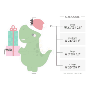 Green T-rex dinosaur wearing a red santa hat holding stacked green and pink presents with red ribbon and size guide.