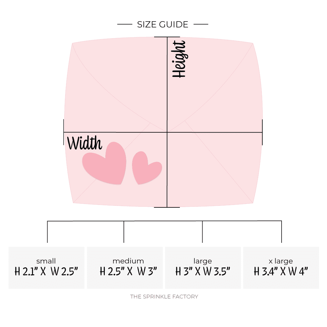 Clipart of a pink envelope with 2 darker pink small hearts at the bottom left and size guide below.