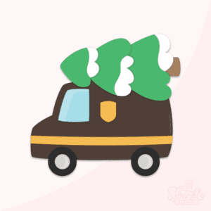 Clipart of a brown delivery UPS van with green Christmas tree on top.