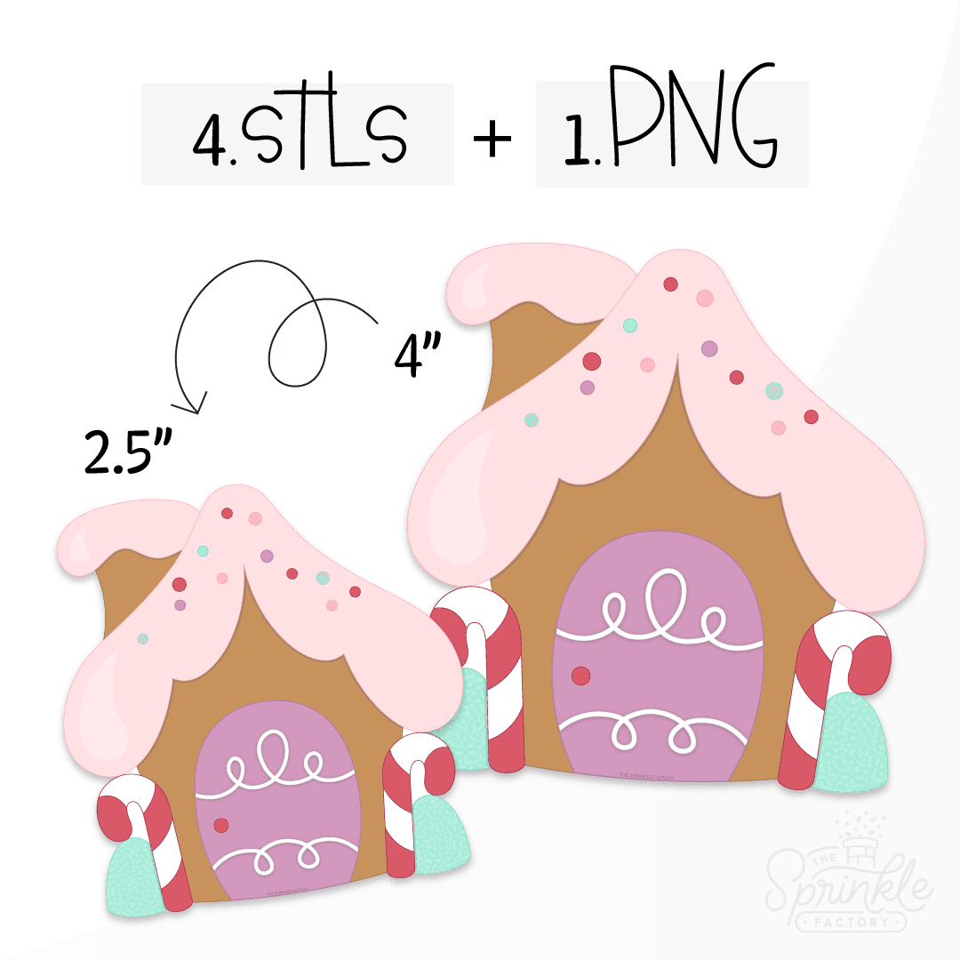 Clipart of a brown gingerbread house with a pink fluffy icing roof, purple door with white swirls and candy cane and green gum drops on either side of the door.