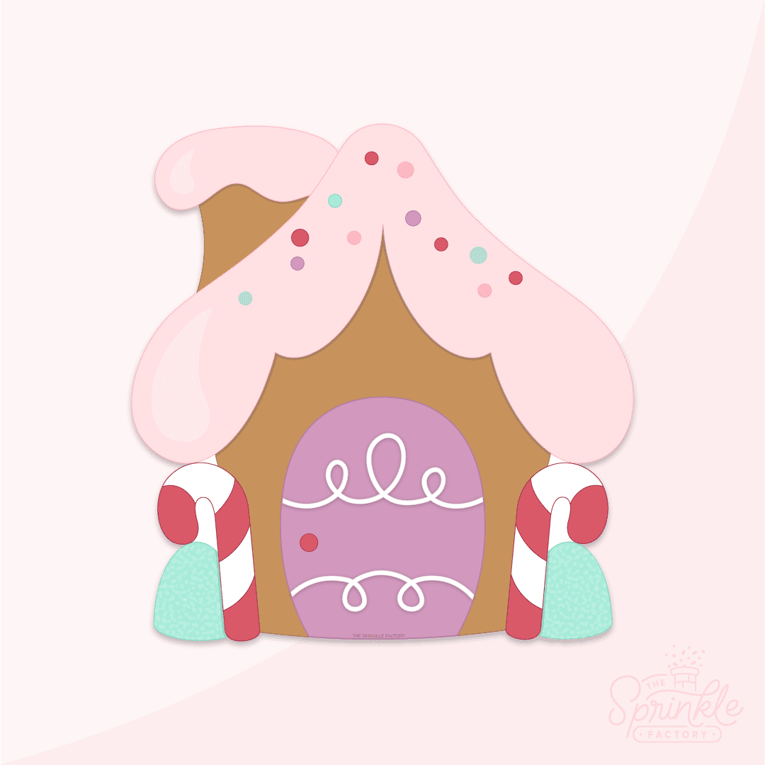 Clipart of a brown gingerbread house with a pink fluffy icing roof, purple door with white swirls and candy cane and green gum drops on either side of the door.