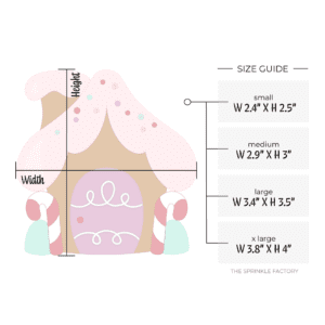 Clipart of a brown gingerbread house with a pink fluffy icing roof, purple door with white swirls and candy cane and green gum drops on either side of the door with size guide.