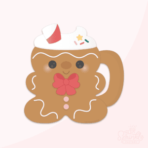Clipart of a brown gingerbread shaped mug with purple buttons red bowtie and a white whipped topping with red and white straw.