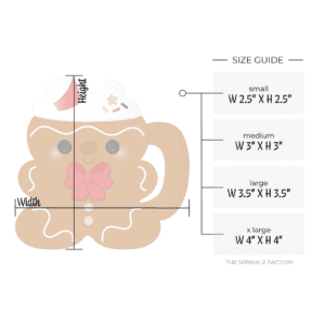Clipart of a brown gingerbread shaped mug with purple buttons red bowtie and a white whipped topping with red and white straw with size guide.