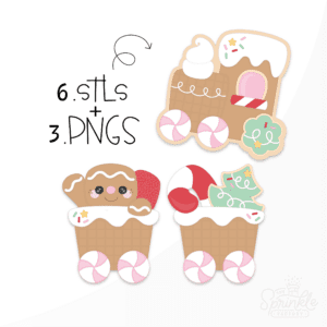 Clipart of a 3 part gingerbread train with peppermint wheels, a frosting roof, and a gingerbread waiving with the words 6 stills and 3 pngs to the top left.