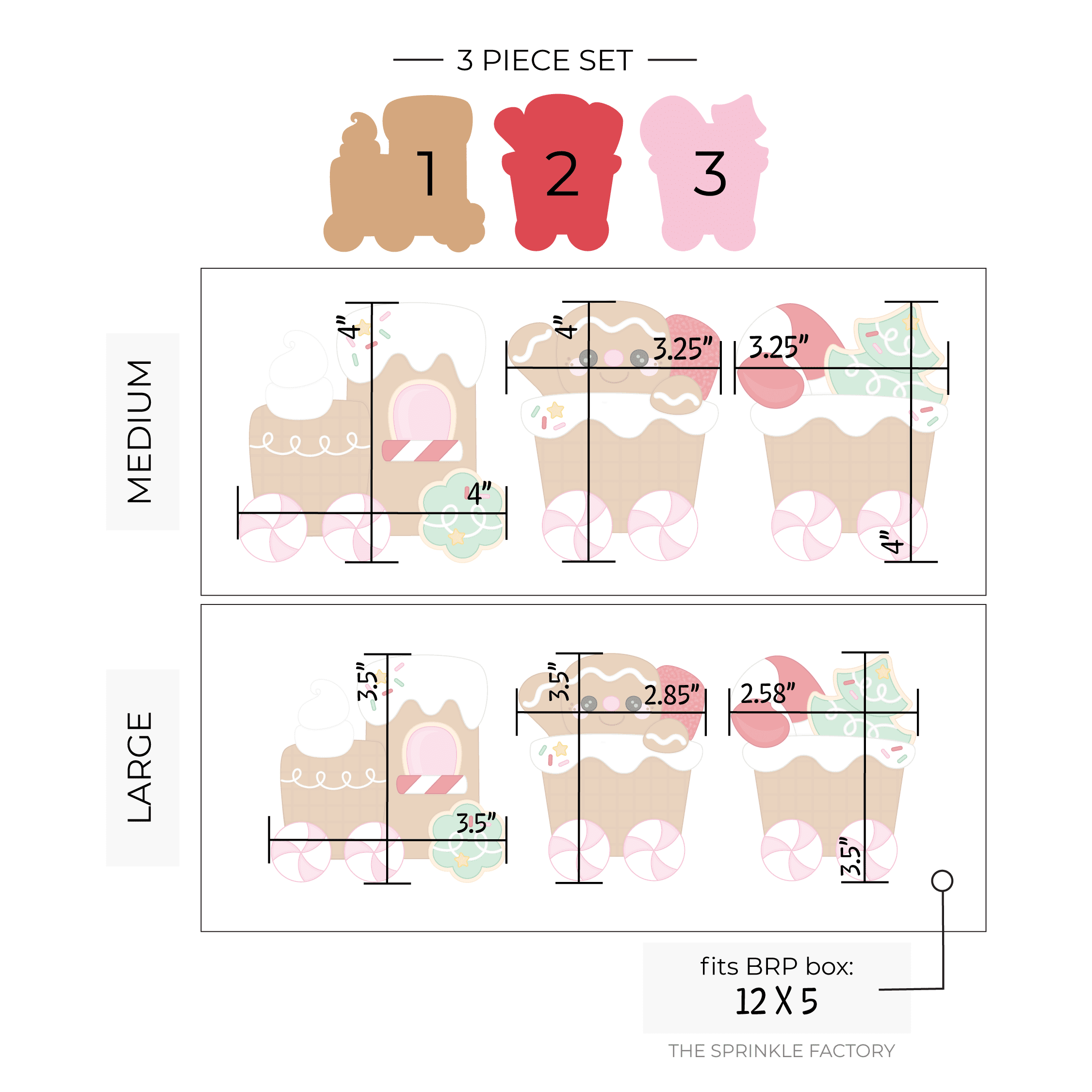 Clipart image of a 3 part gingerbread train broken down into two size options with sizes listed.