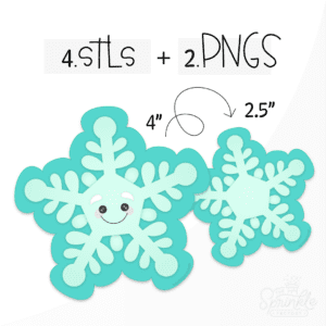 Clipart of a light blue snowflake with smiling face on an offset darker blue background.