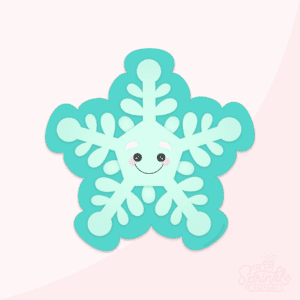Clipart of a light blue snowflake with smiling face on an offset darker blue background.