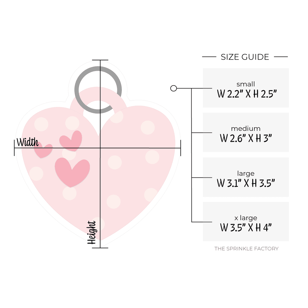 Clipart of a pink heart shaped dog tag with size guide.