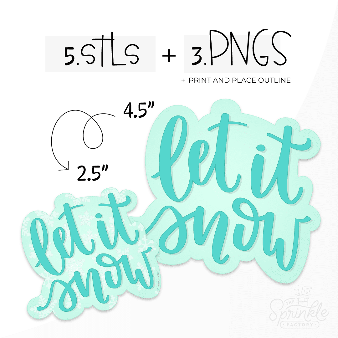 Digital image of cursive lettering let it snow in darker aqua blue with a lighter blue background with faint white snowflakes.