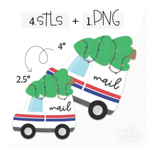 Clipart of a white USPS mail truck with red and blue stripes and a green tree on the roof with christmas lights.