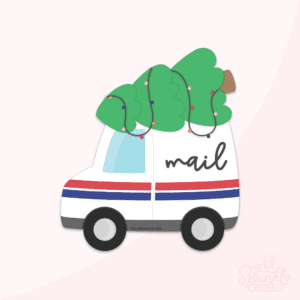 Clipart of a white USPS mail truck with red and blue stripes and a green tree on the roof with christmas lights.