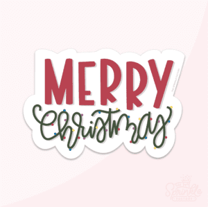 Digital image of the words MERRY in red and Christmas below in black cursive lettering with round multi colour decoration dots on the word Christmas.