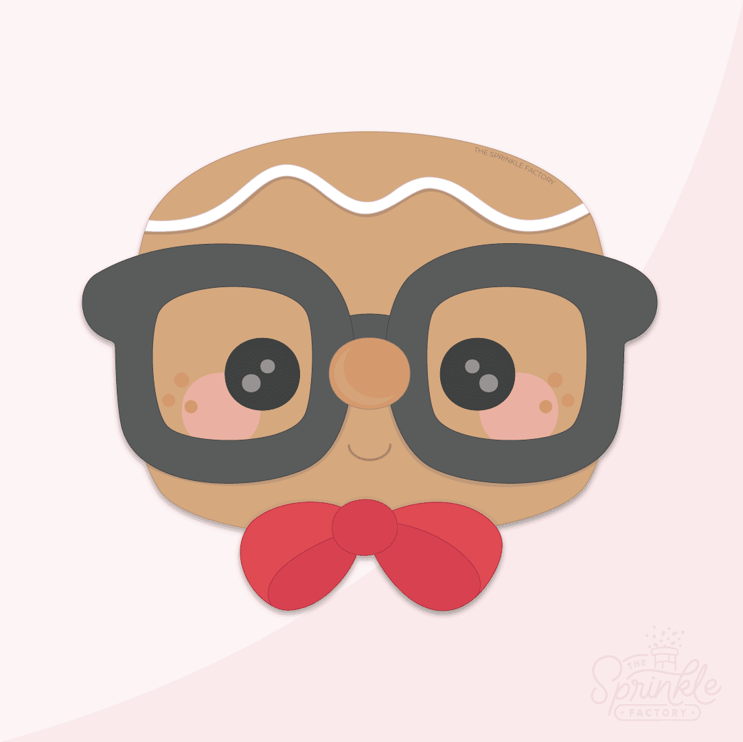 Clipart of a brown gingerbread face wearing big black nerdy glasses with a red bowtie.