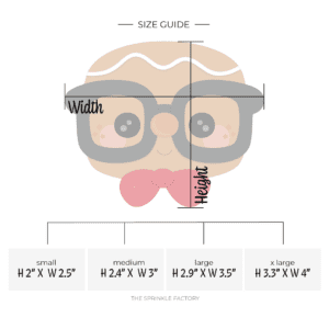 Clipart of a brown gingerbread face wearing big black nerdy glasses with a red bowtie and size guide.