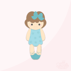 Clipart of a doll wearing a blue dress with brown hair, a blue bow and blue ballet shoes.