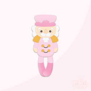 Clipart of a pink nutcracker with white facial hair, gold shoulder pads and buttons and darker pink boots.