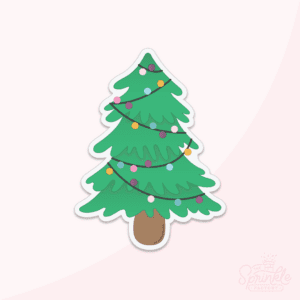 Clipart of a green christmas tree with black strings of round coloured lights and brown stump.