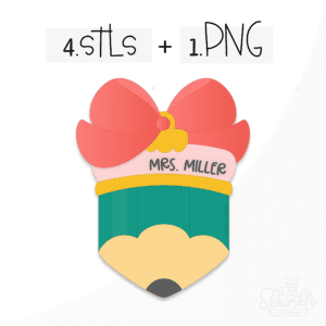 Clipart image of a green pencil that says Mrs. Miller int the eraser with a green bow on top with a gold ornament hanger.
