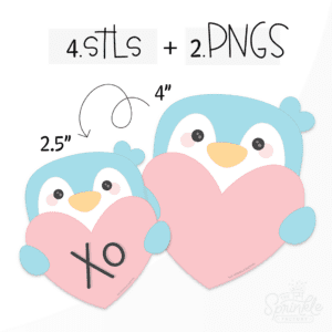 Clipart of a blue penguin head holding a pink heart with XO on it in black.