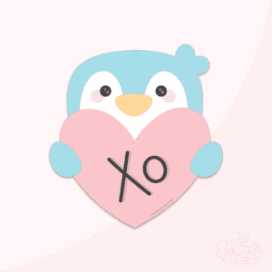 Clipart of a blue penguin head holding a pink heart with XO on it in black.