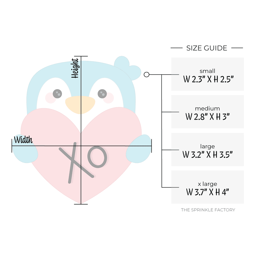 Clipart of a blue penguin head holding a pink heart with XO on it in black and size guide to the right.