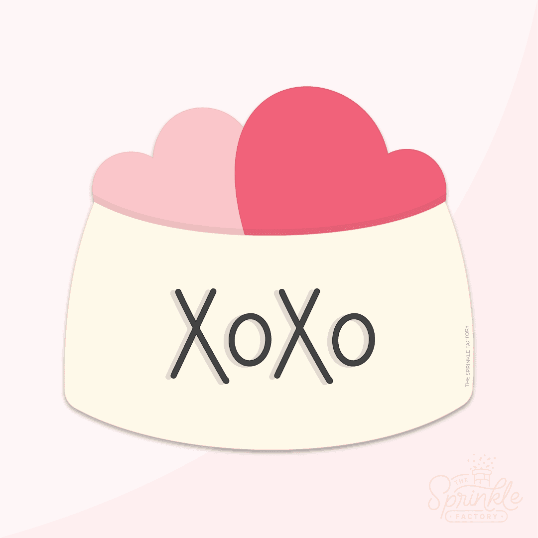 Clipart of a light yellow dog dish with light and dark pink hearts in it with XoXo in black on the outside of the bowl.