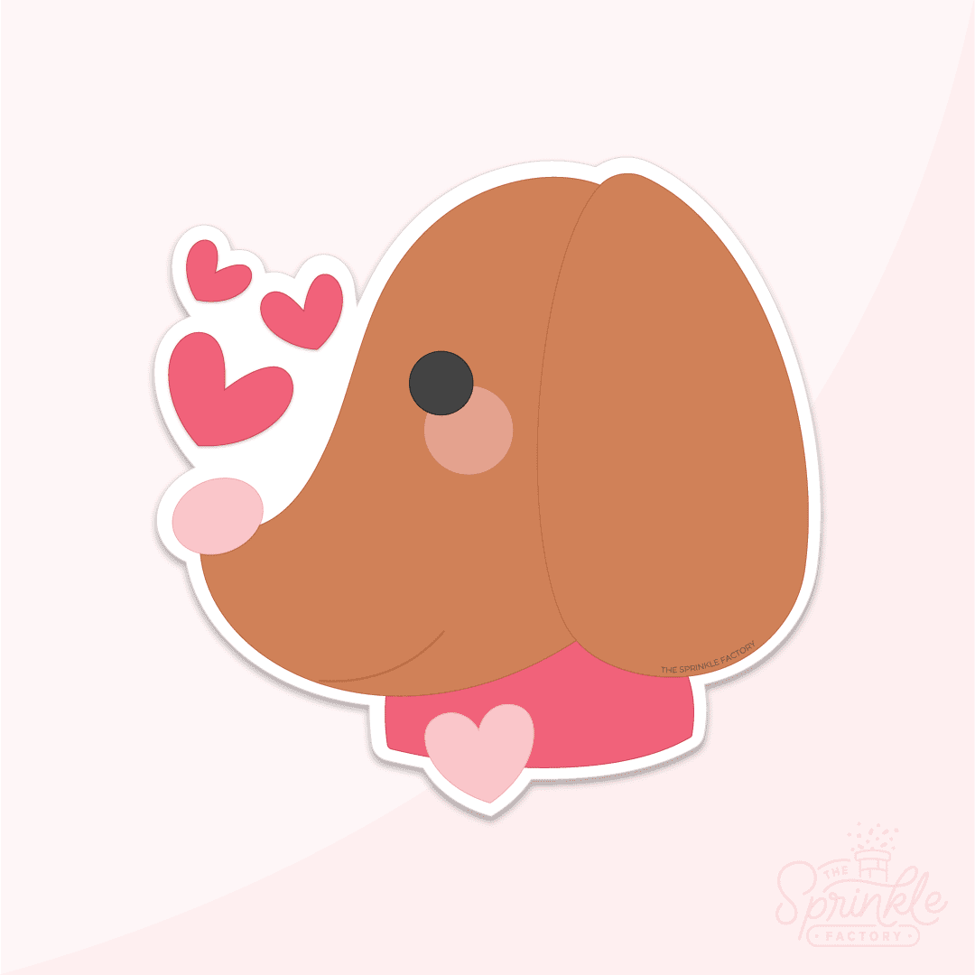Clipart of a brown puppy with floppy ears wearing a red collar with pink heart tag and 3 red hearts above his nose.
